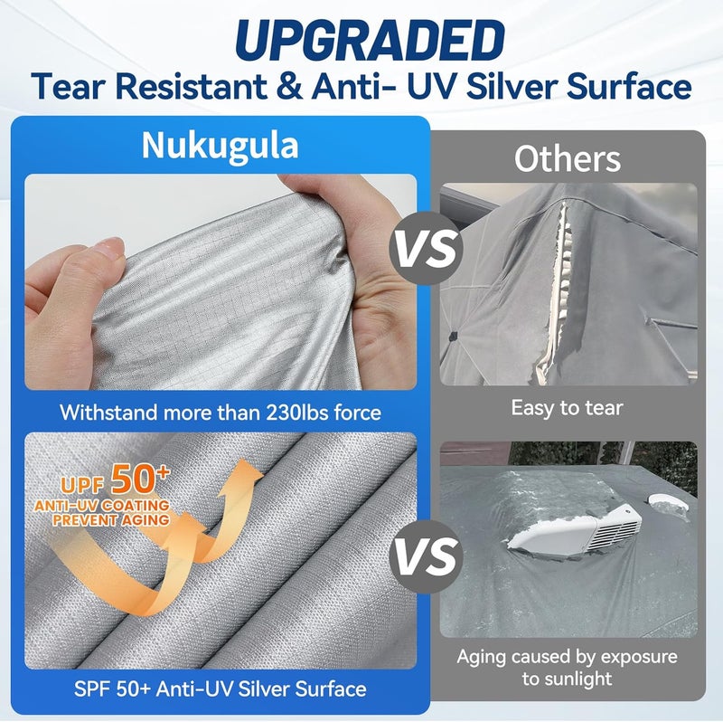 Nukugula Oxford Fabric Pop Up Folding Camper Cover 12'-14' Super Waterproof Tear-Resistant Anti-UV Tent Trailer Cover for Winter Snow with Reinforced Corners, 5+2 Windproof Straps, Storage Bag - Image 4